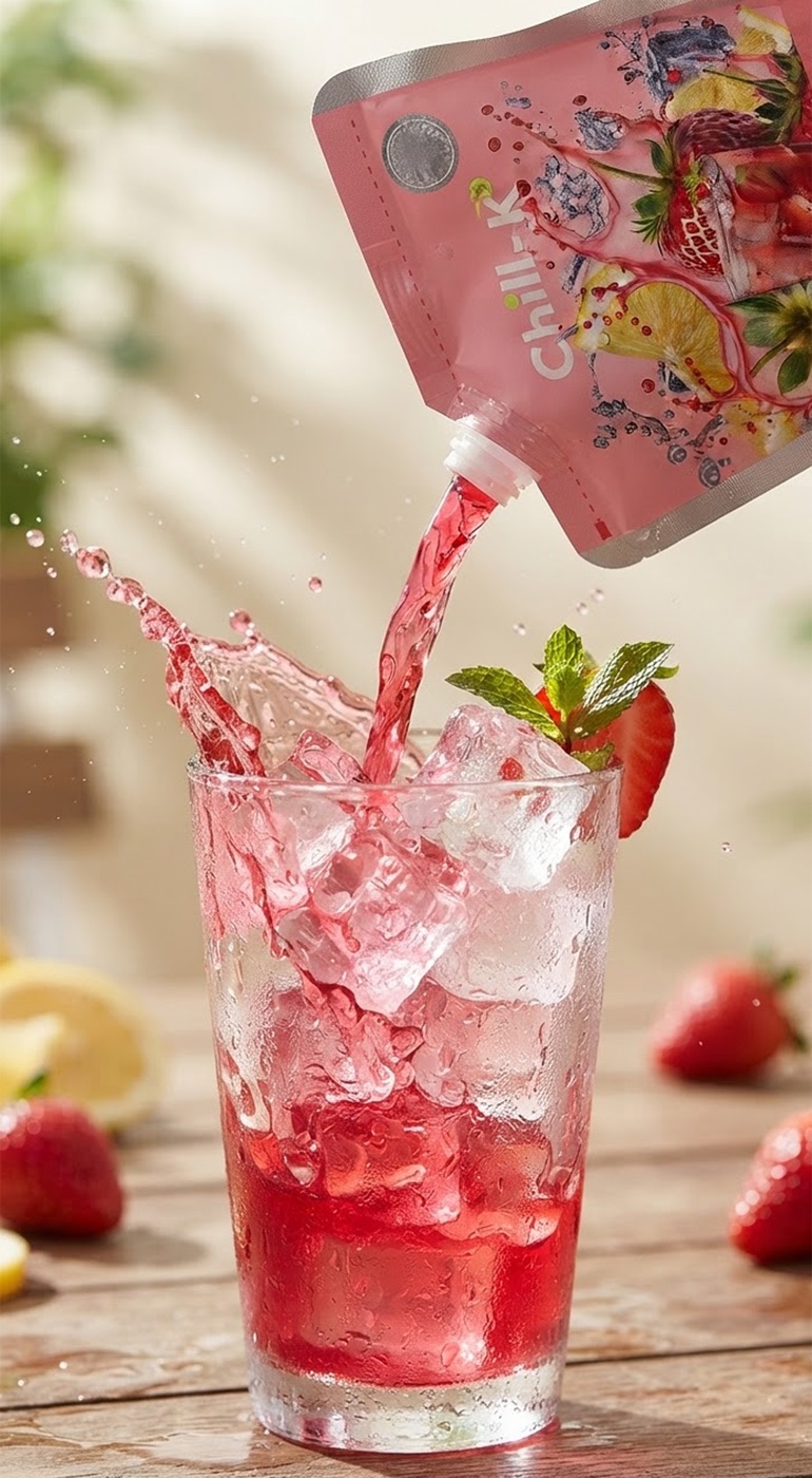 A Chill-K pouch pouring a strawberry cocktail over ice