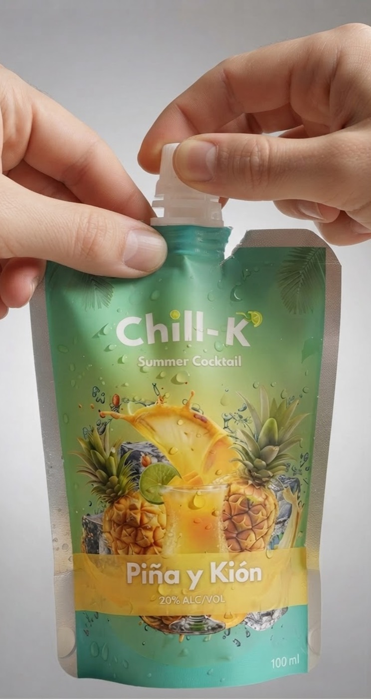 Hands opening a Chill-K Piña y Kión pouch